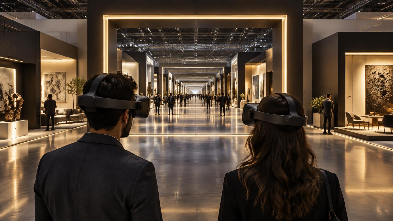 Visitantes com óculos de realidade virtual diante de uma sequência de estandes imersivos